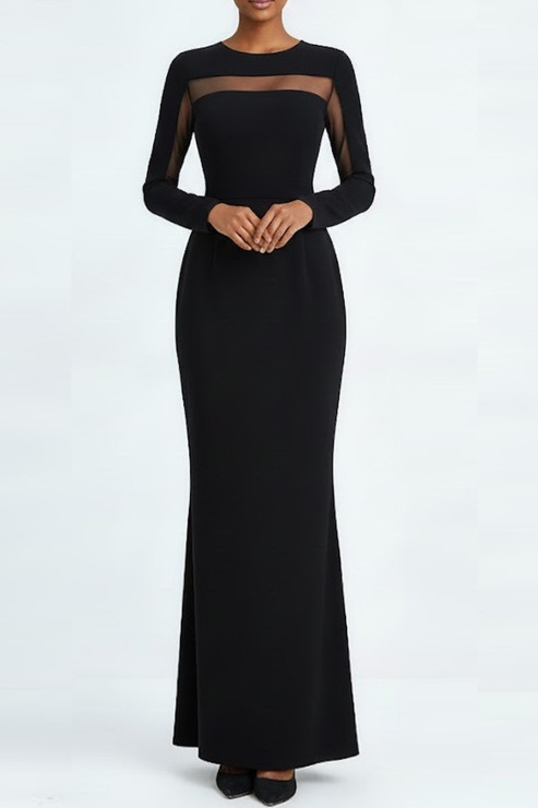 Black Formal Dress Round Neck Long Sleeve Chiffon Maxi Dress