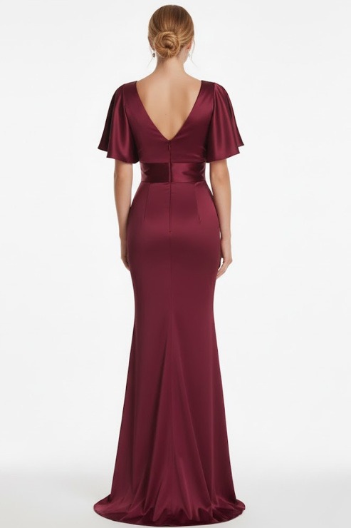 Burgundy Formal Evening Dress Mermaid V-Neck Satin Maxi Dress