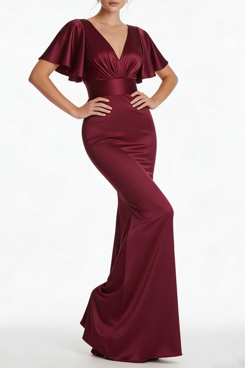 Burgundy Formal Evening Dress Mermaid V-Neck Satin Maxi Dress