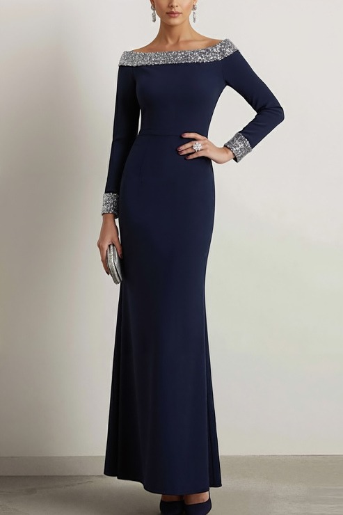 Navy Evening Formal Dress Sheath Crew Neck Maxi Dress with Sequin