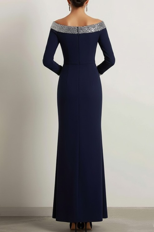 Navy Evening Formal Dress Sheath Crew Neck Maxi Dress with Sequin