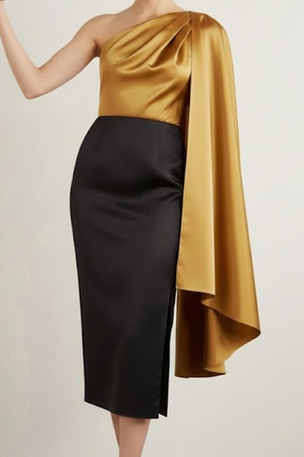 Golden Formal Dress One Shoulder Satin Midi Dress with Cape