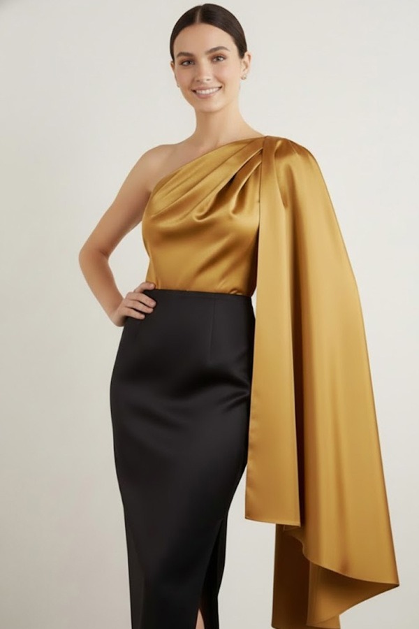 Golden Formal Dress One Shoulder Satin Midi Dress with Cape