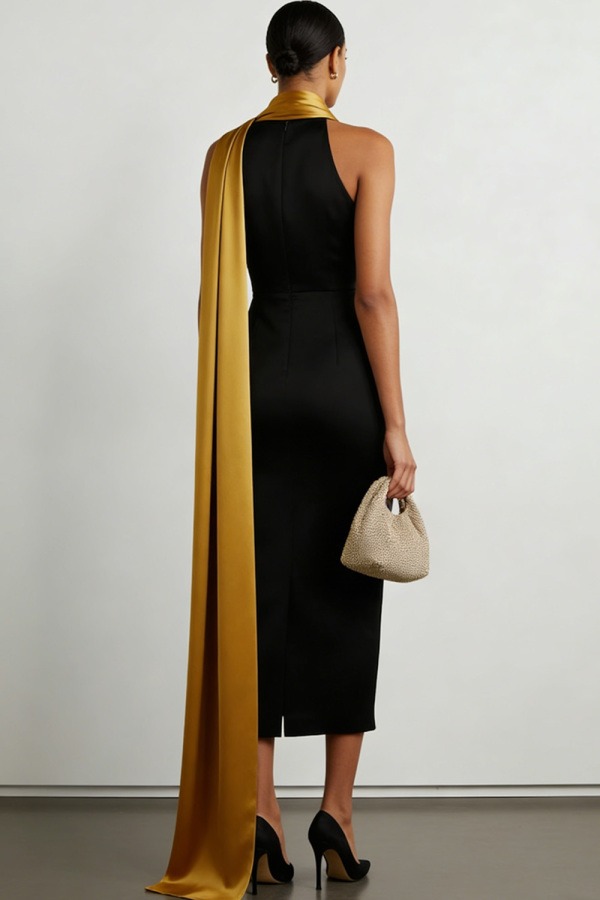 Black Formal Evening Dress Sleeveless Satin Midi Dress with Scarf