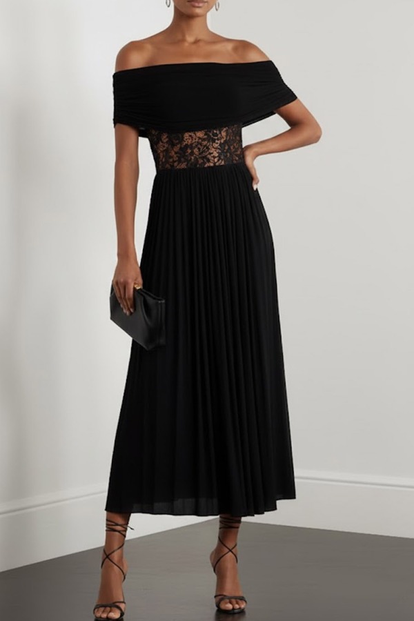 Black Formal Dress A-Line Off the Shoulder Pleated Chiffon Midi Dress