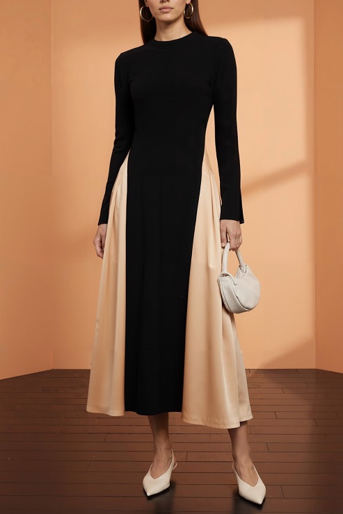 Black Formal Evening Dress A-Line Round Neck Splicing Maxi Dress