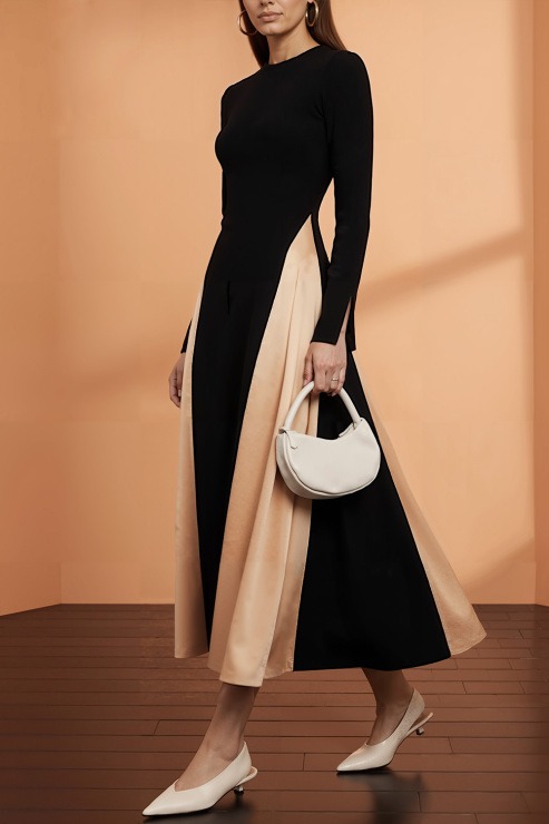 Black Formal Evening Dress A-Line Round Neck Splicing Maxi Dress