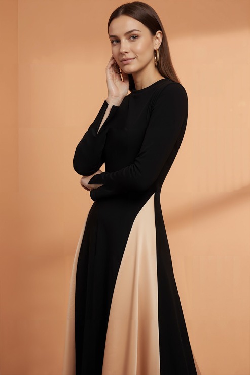 Black Formal Evening Dress A-Line Round Neck Splicing Maxi Dress