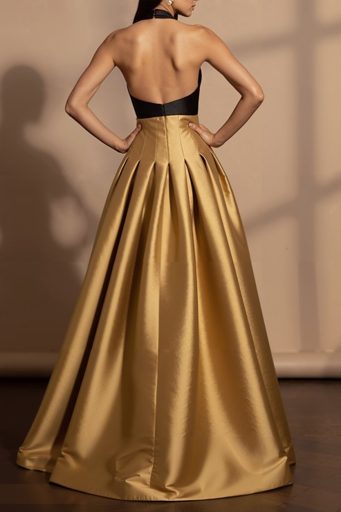 Golden Formal Evening Dress A-Line Halter Metallic Satin Maxi Dress