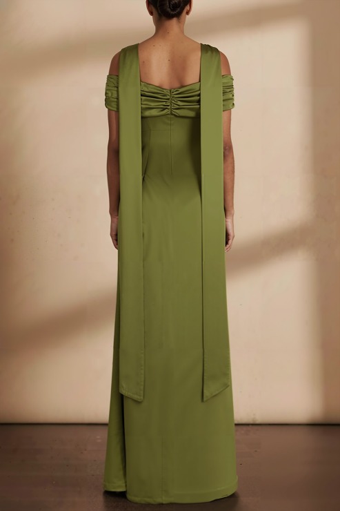 Olive Green Formal Dress Off the Shoulder Satin Maxi Dress with Scarf