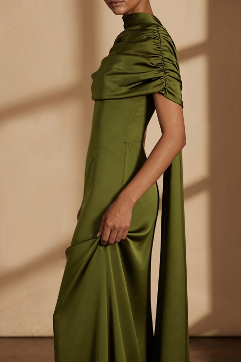 Olive Green Formal Dress Off the Shoulder Satin Maxi Dress with Scarf
