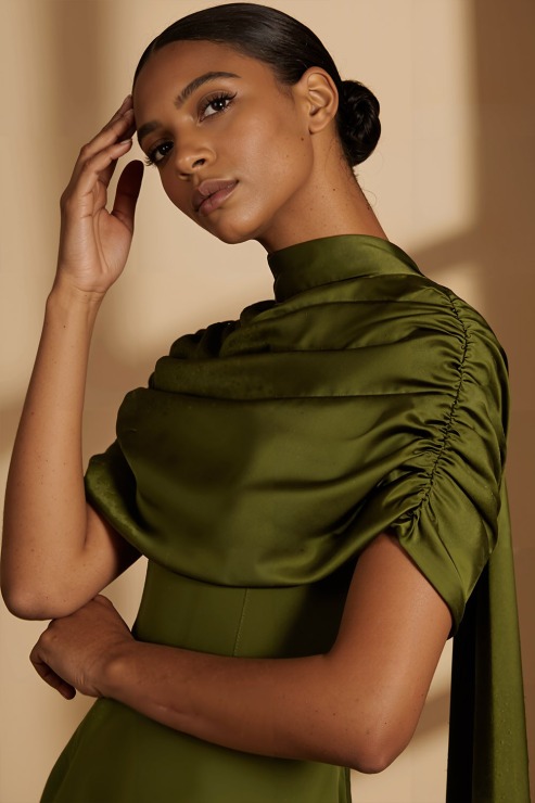 Olive Green Formal Dress Off the Shoulder Satin Maxi Dress with Scarf