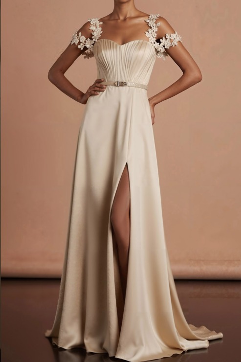 Ivory Formal Evening Dress Applique Cold Shoulder Satin Maxi Dress with Slit