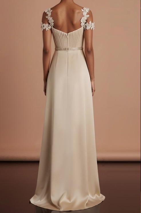 Ivory Formal Evening Dress Applique Cold Shoulder Satin Maxi Dress with Slit