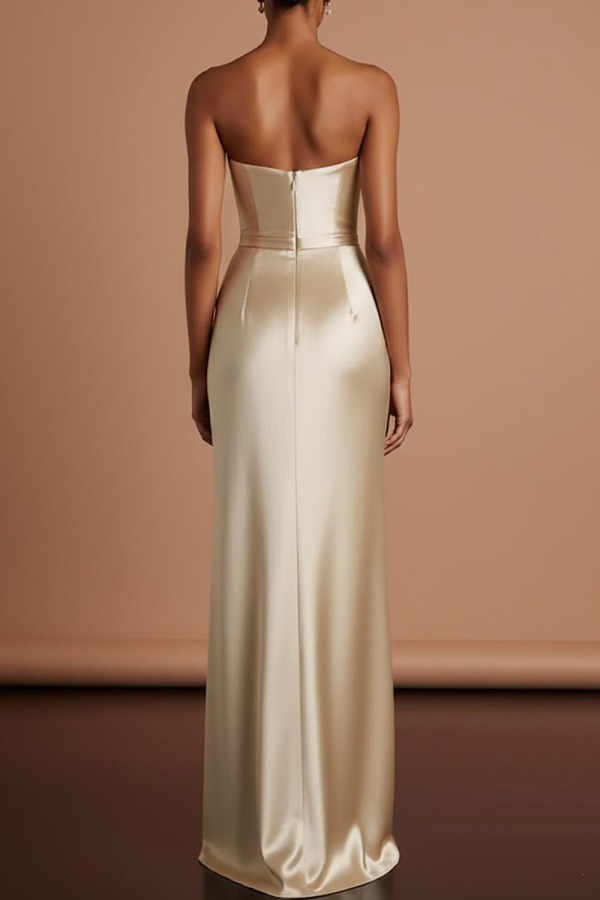 Ivory Formal Evening Dress Strapless Satin Slit Maxi Dress with 3D Flower