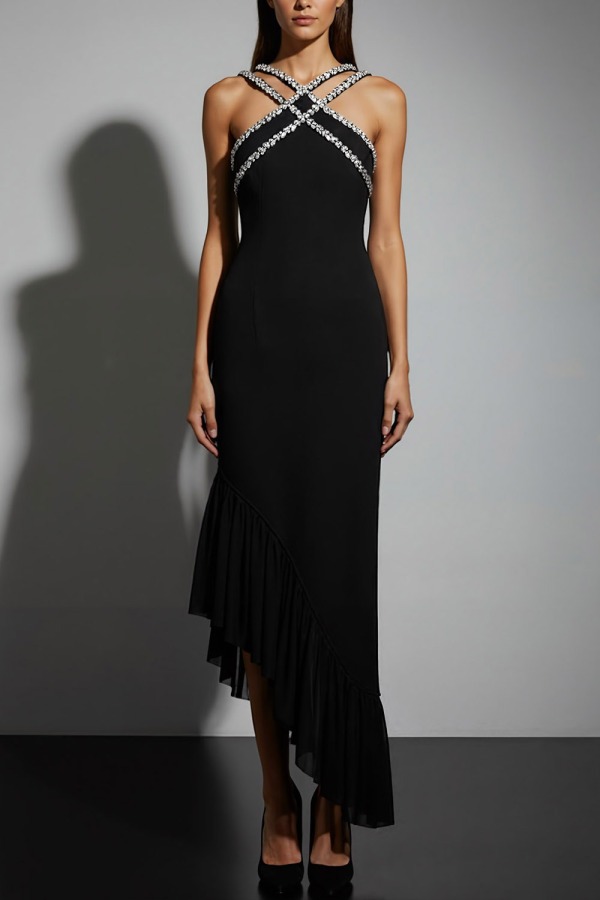 Black Formal Party Dress Criss Cross Halter Asymmetrical Dress