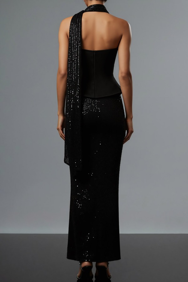 Black Formal Party Dress Strapless Sequin Maxi Dress with Scarf