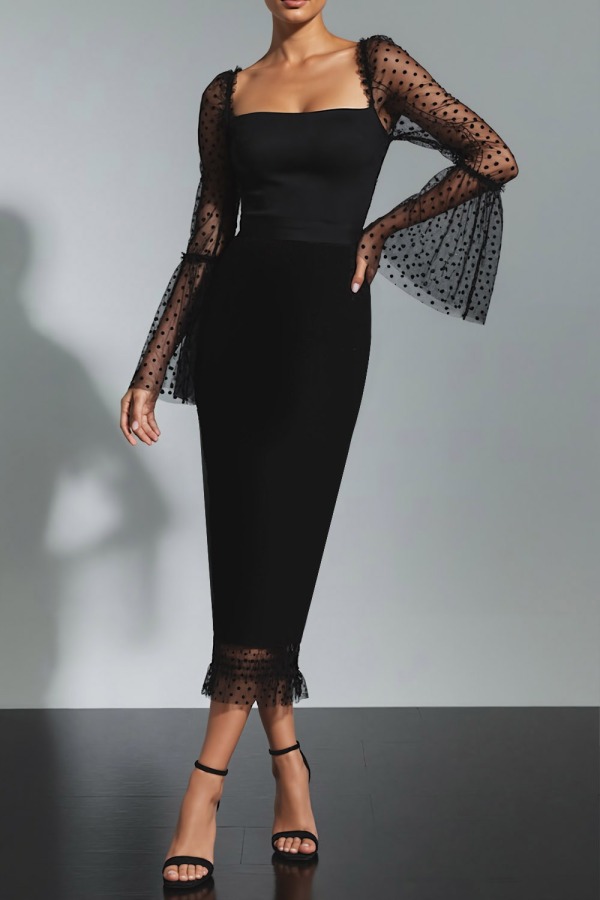 Black Formal Dress Bodycon Square Neck Long Sleeve Midi Dress