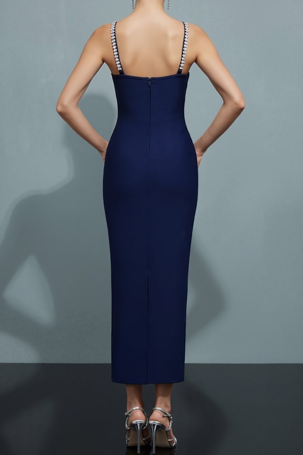 Blue Formal Evening Dress Sheath Halter Maxi Dress with Sequin