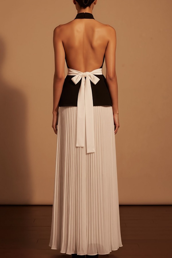 Black Formal Evening Dress A-Line Halter Pleated Belted Maxi Dress