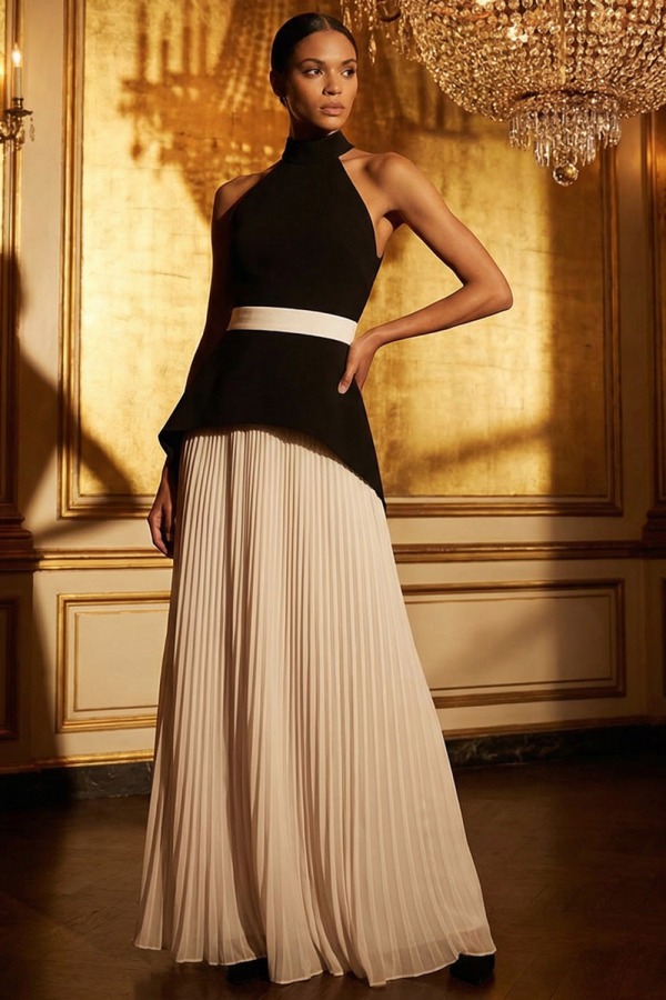 Black Formal Evening Dress A-Line Halter Pleated Belted Maxi Dress