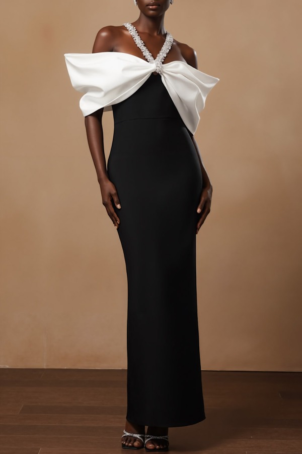 Black Evening Formal Dress Sheath Halter Maxi Dress with Bowknot