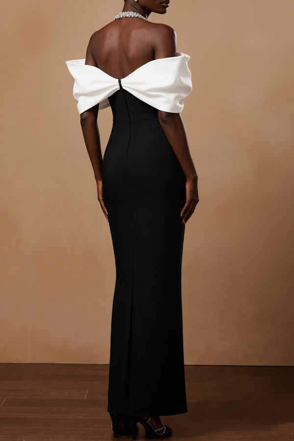 Black Evening Formal Dress Sheath Halter Maxi Dress with Bowknot