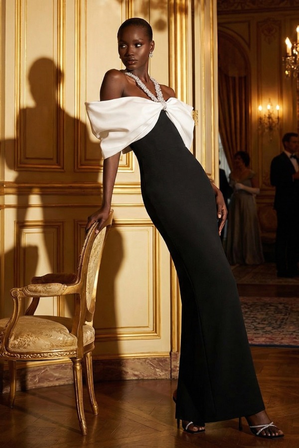 Black Evening Formal Dress Sheath Halter Maxi Dress with Bowknot