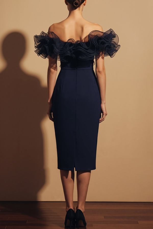 Navy Formal Dress Bodycon Off the Shoulder 3D Flower Midi Dress