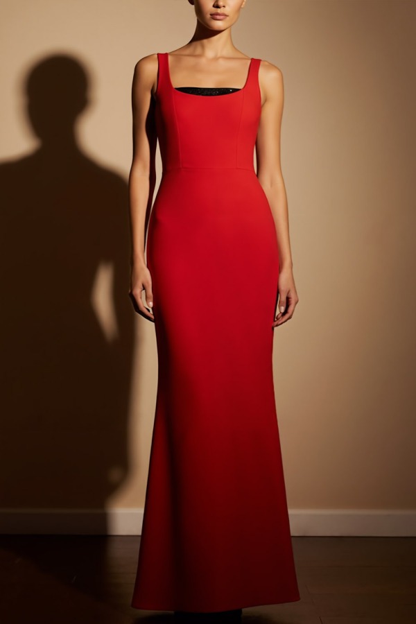 Red Formal Evening Dress Sheath Wide Straps Maxi Dress