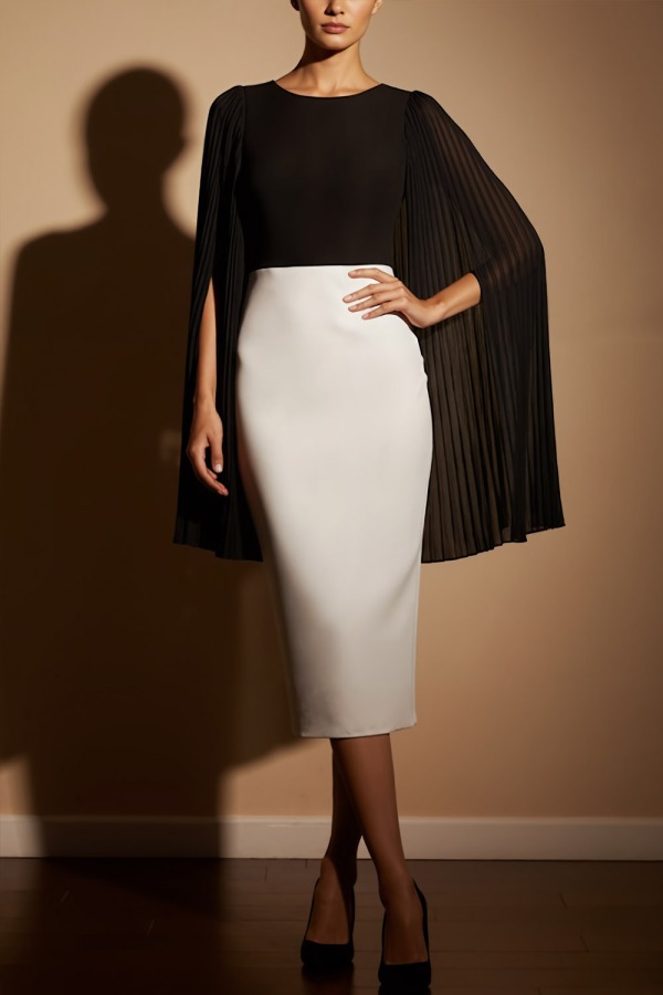 Black Formal Dress Bodycon Round Neck Midi Dress with Cape