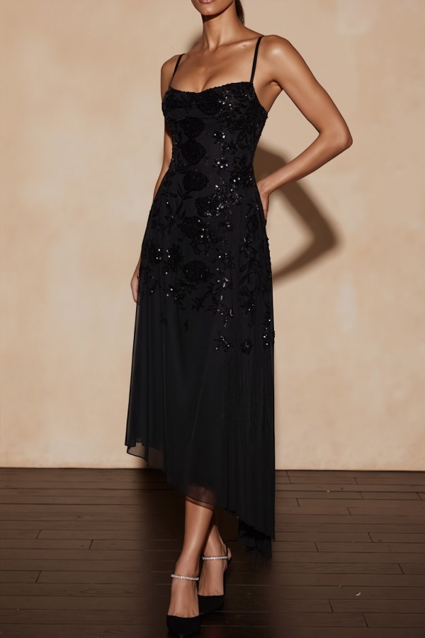Black Formal Party Dress Spaghetti Straps Chiffon Asymmetrical Dress with Sequin