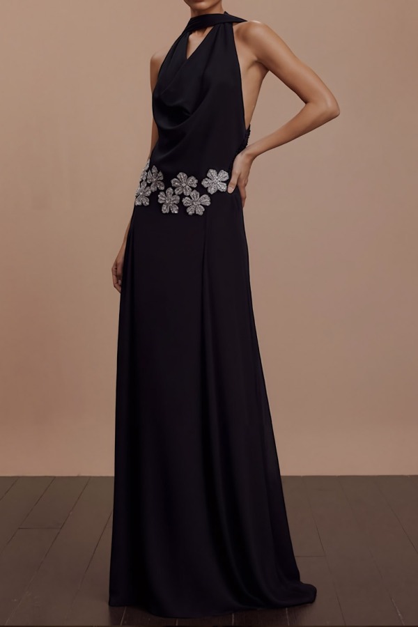 Black Formal Evening Dress Cowl Neck Chiffon Maxi Dress with Appliques