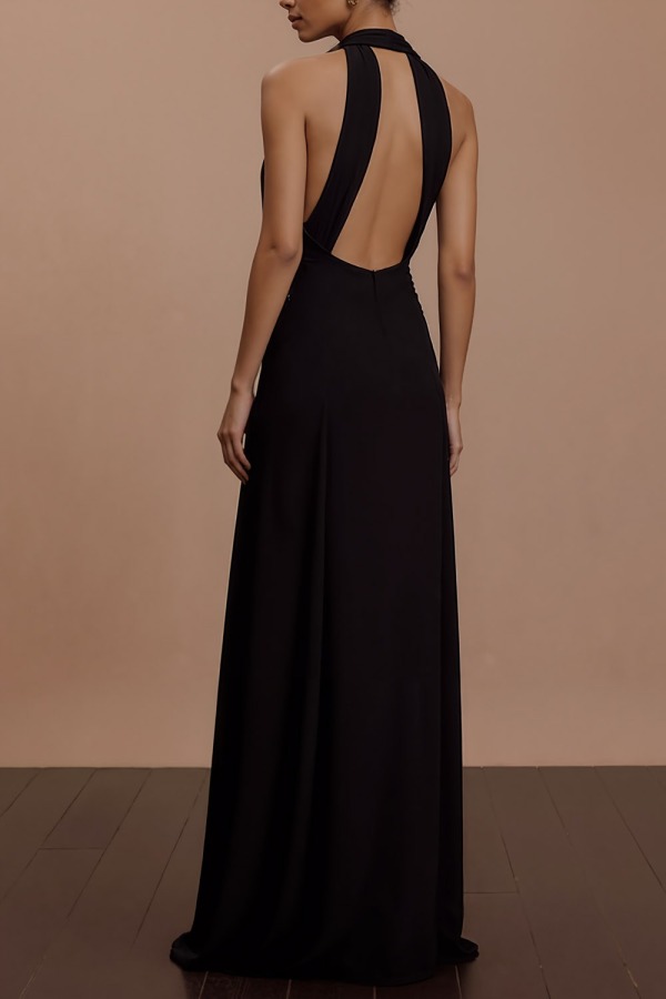 Black Formal Evening Dress Cowl Neck Chiffon Maxi Dress with Appliques