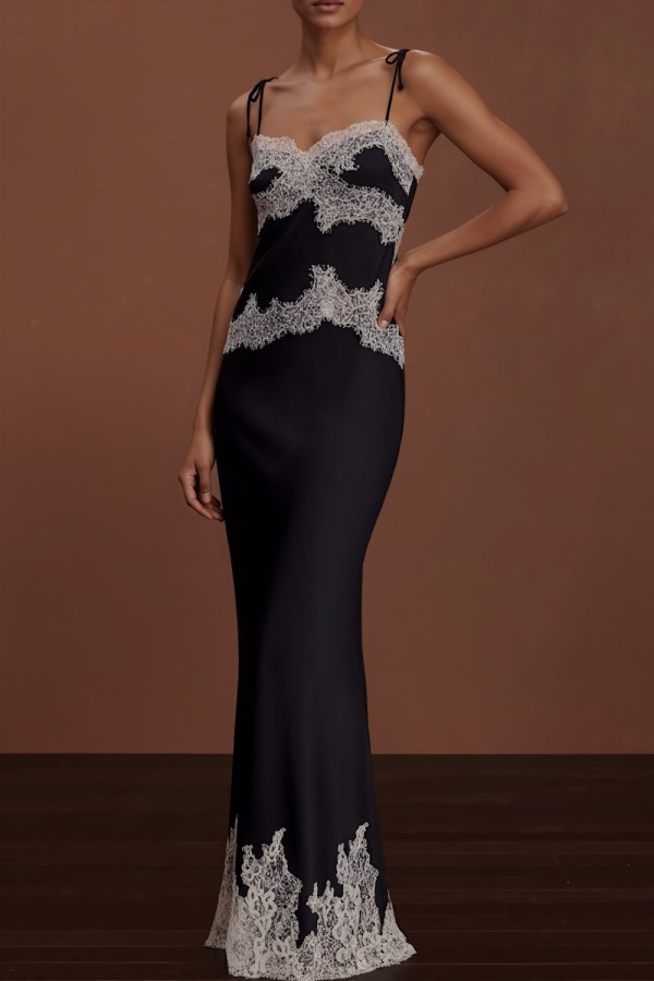 Black Formal Dress Spagehtti Straps Satin Maxi Dress with Lace