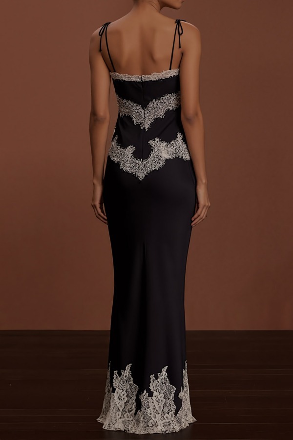 Black Formal Dress Spagehtti Straps Satin Maxi Dress with Lace
