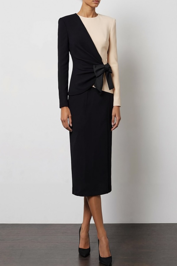 Work Outfit Suits Black Round Neck Long Sleeve Midi Skirt Set