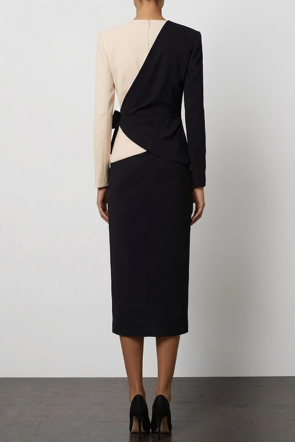 Work Outfit Suits Black Round Neck Long Sleeve Midi Skirt Set