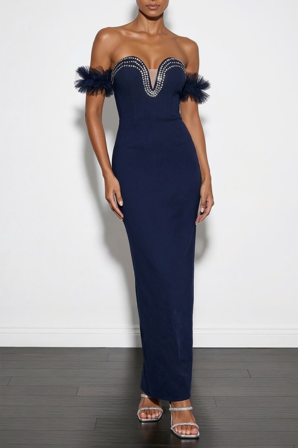 Navy Formal Evening Dress Sheath Off the Shoulder Maxi Dress with Slit