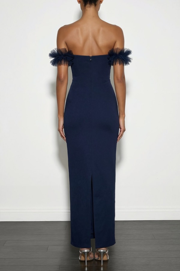 Navy Formal Evening Dress Sheath Off the Shoulder Maxi Dress with Slit