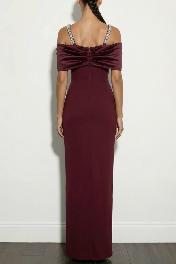 Burgundy Formal Evening Dress Sheath Cold Shoulder Maxi Dress