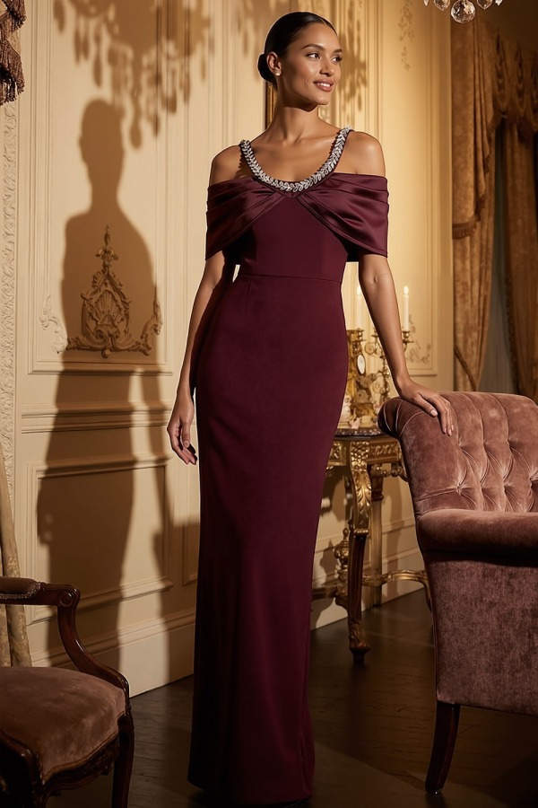 Burgundy Formal Evening Dress Sheath Cold Shoulder Maxi Dress