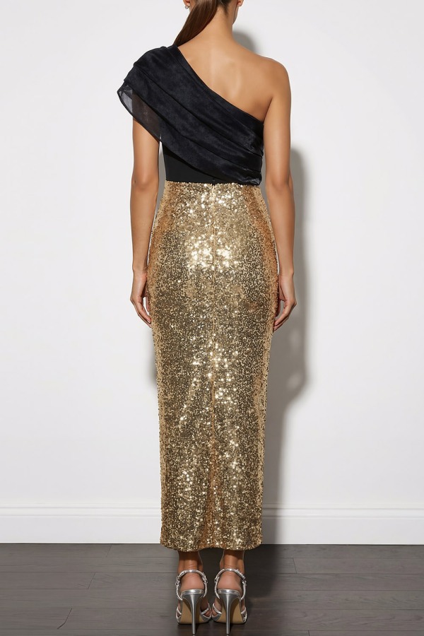 Golden Formal Party Dress Sheath One Shoulder Sequin Maxi Dress
