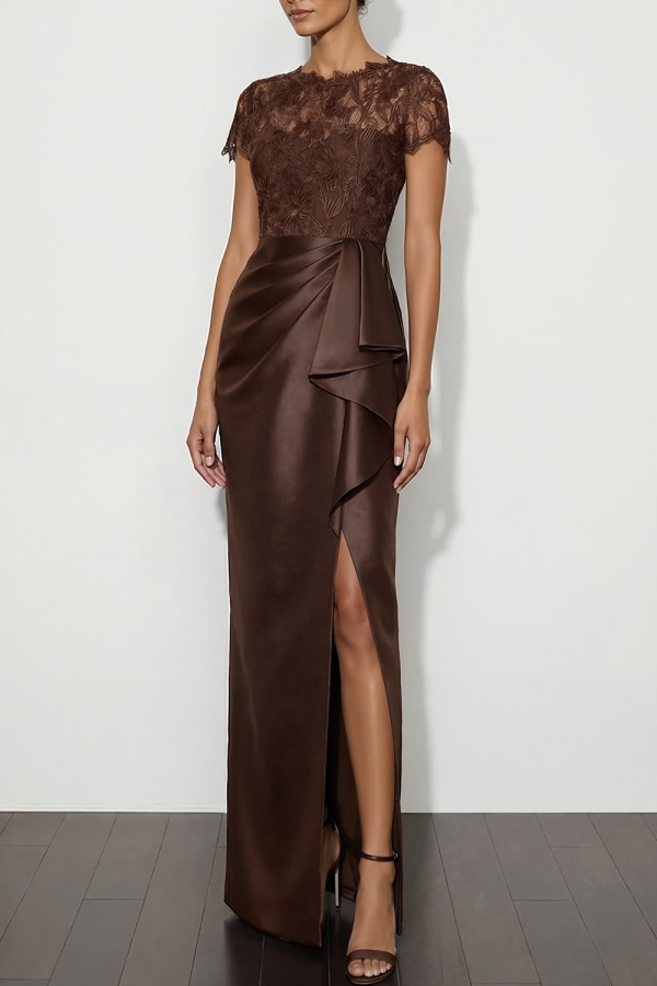Brown Formal Dress Round Neck Satin Slit Maxi Dress with Ruffle