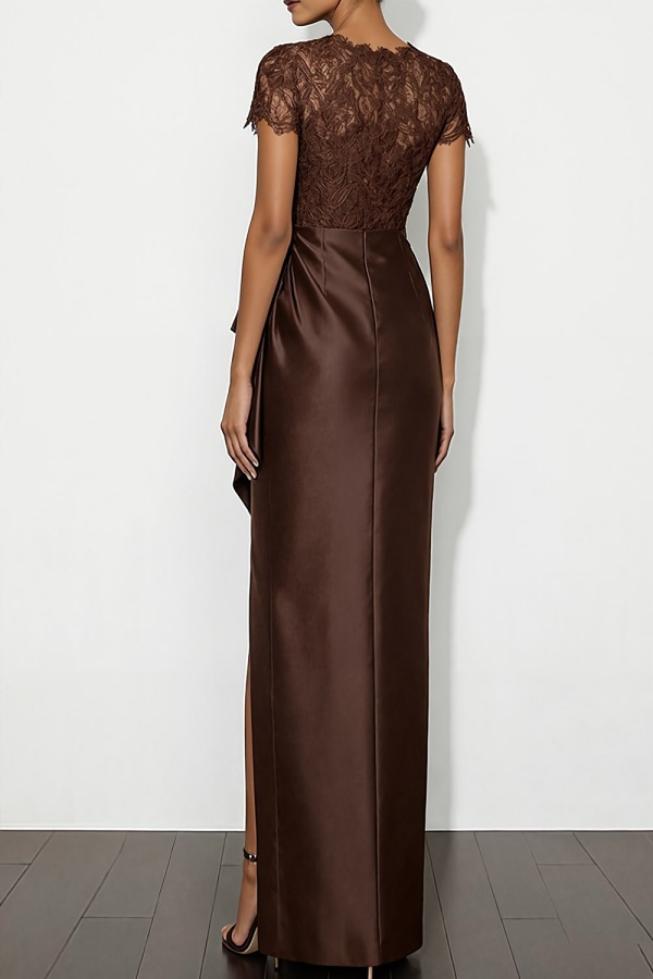 Brown Formal Dress Round Neck Satin Slit Maxi Dress with Ruffle