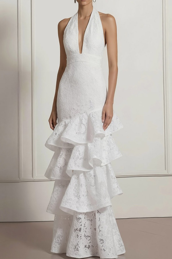 White Formal Evening Dress Mermaid Halter Lace Tiered Maxi Dress