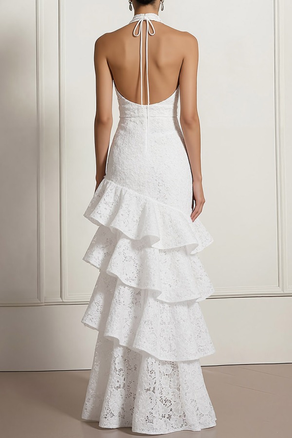 White Formal Evening Dress Mermaid Halter Lace Tiered Maxi Dress