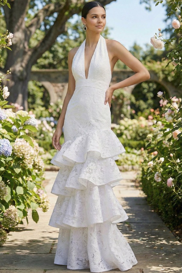 White Formal Evening Dress Mermaid Halter Lace Tiered Maxi Dress