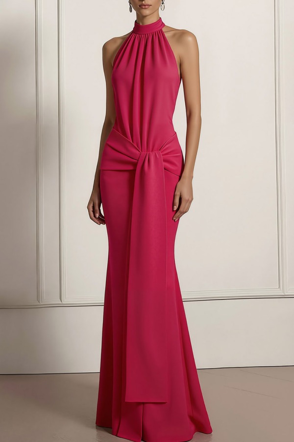 Fuchsia Formal Evening Dress Halter Waist Knot Maxi Dress