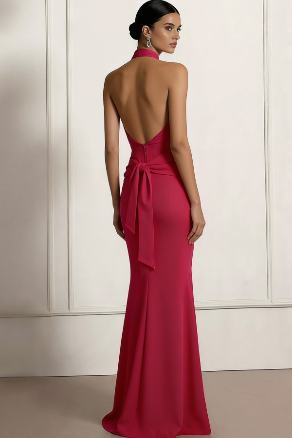 Fuchsia Formal Evening Dress Halter Waist Knot Maxi Dress